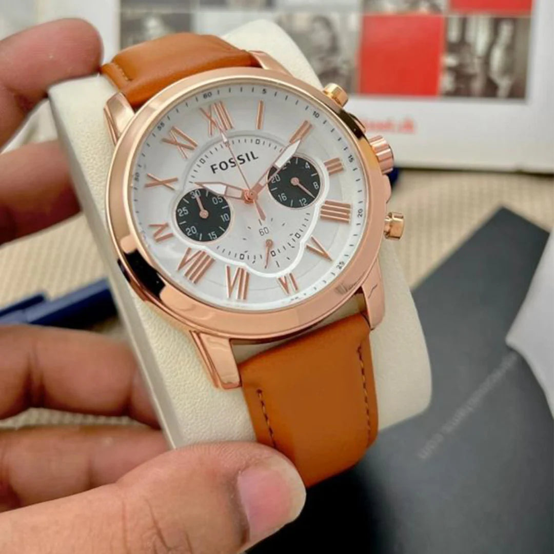 Fossil Grant Leather Belt white Copper Watch