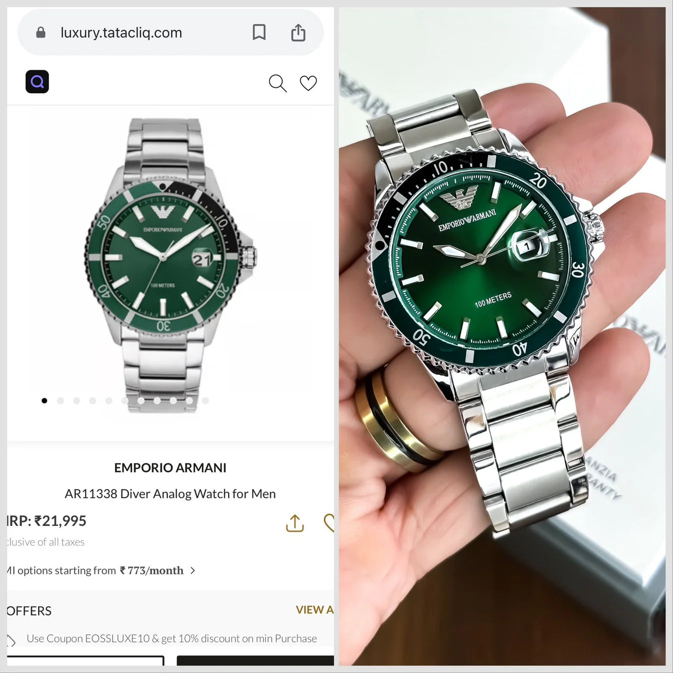 Armani Stainless Steel Green Dial Metal watch