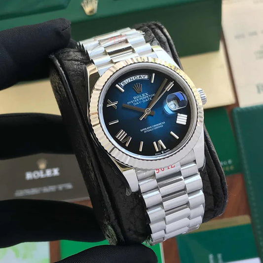 Rolex Day Date Silver With Blue Dial Stainless Steel Watch