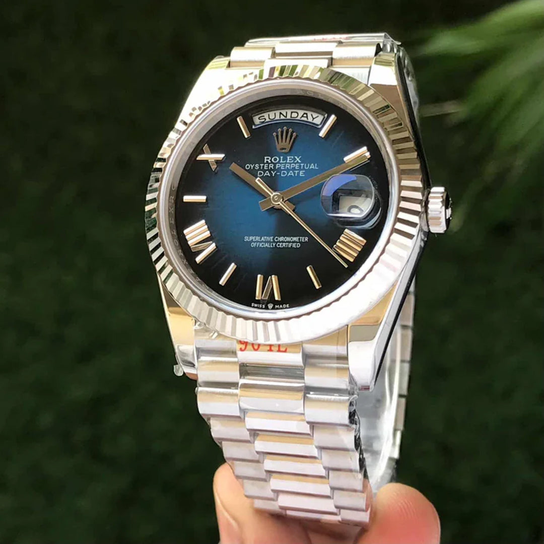 Rolex Day Date Silver With Blue Dial Stainless Steel Watch