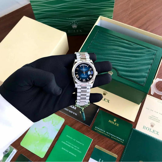 Rolex Day Date Silver With Blue Dial Stainless Steel Watch