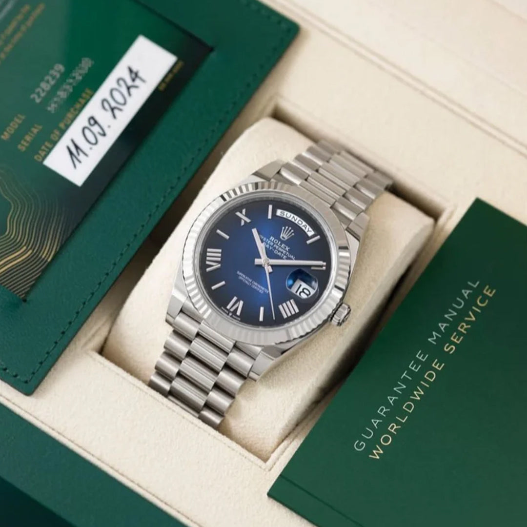 Rolex Day Date Silver With Blue Dial Stainless Steel Watch