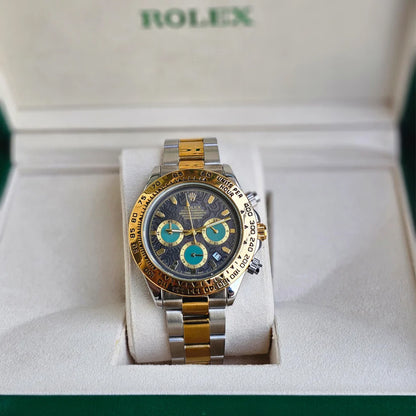 Rolex Daytona Gold Silver Dual Tone Engraved Watch With Green Chronograph