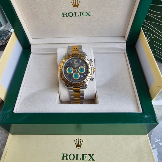 Rolex Daytona Gold Silver Dual Tone Engraved Watch With Green Chronograph