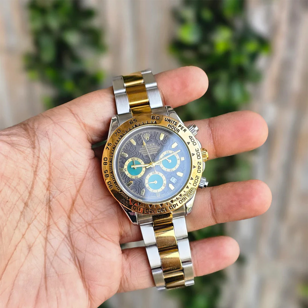 Rolex Daytona Gold Silver Dual Tone Engraved Watch With Green Chronograph
