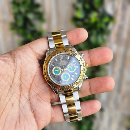 Rolex Daytona Gold Silver Dual Tone Engraved Watch With Green Chronograph