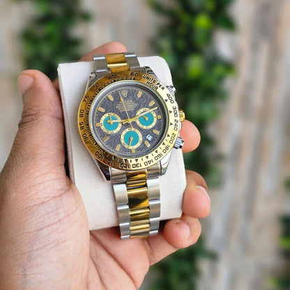 Rolex Daytona Gold Silver Dual Tone Engraved Watch With Green Chronograph