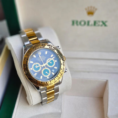 Rolex Daytona Gold Silver Dual Tone Engraved Watch With Green Chronograph