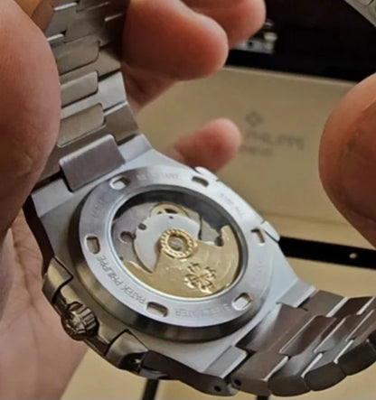 Patek Phillipe Nautilus Silver White Dial Metal premium Automatic Shahrukh khan Watch [OPEN BACK]