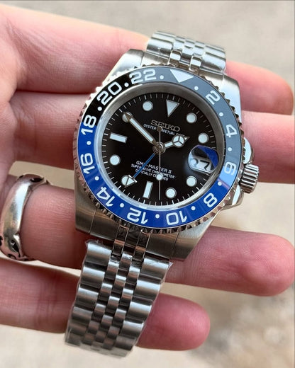 Seiko GMT master 2 stainless steel watch blue black dial