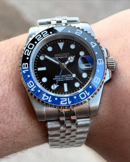 Seiko GMT master 2 stainless steel watch blue black dial