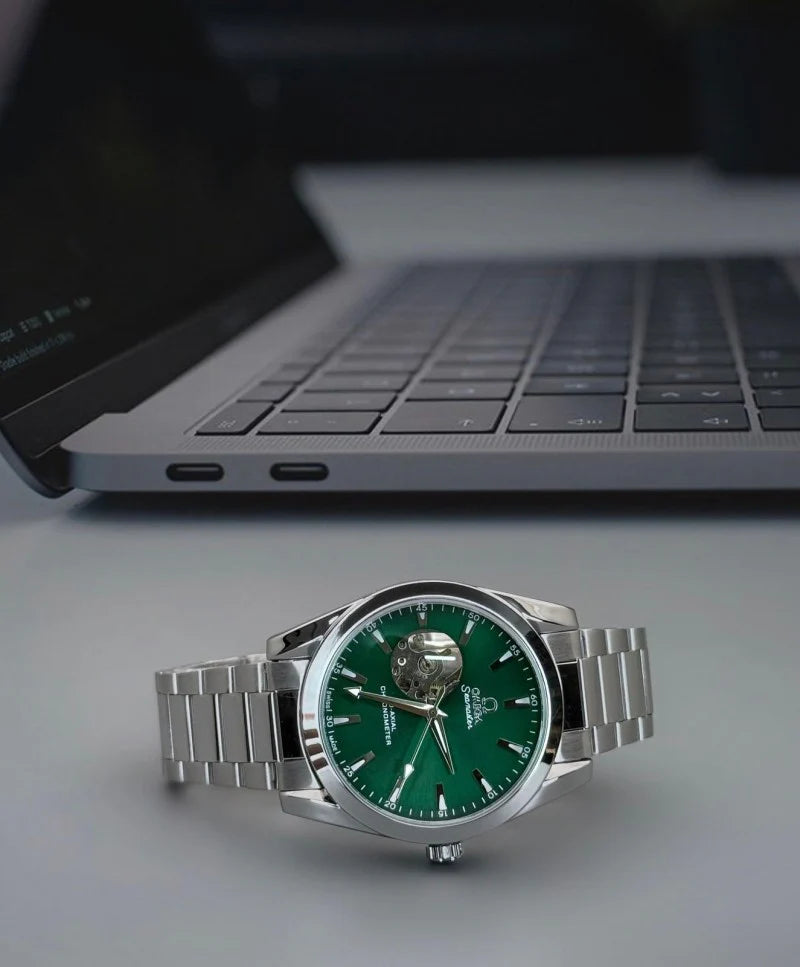 Omega seamaster open heart green dial watch