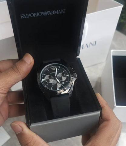 Emporio Armani black chronograph stainless steel fibre belt watch